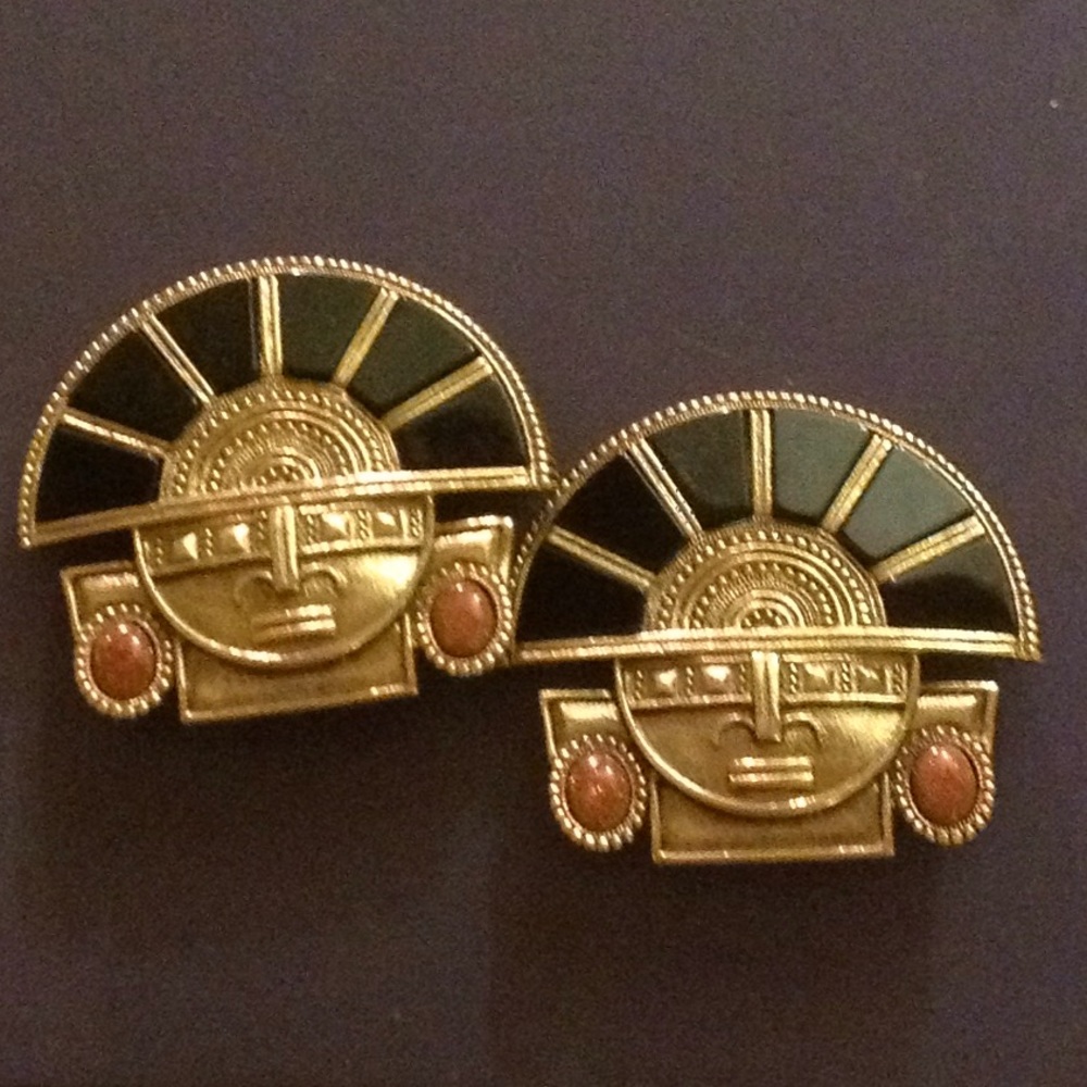 OOAK Retro XL Mayan Aztec Tribal Onyx Coral Stone Clip Earrings